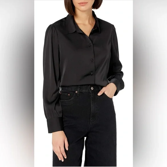 The Drop •Women's @Lucyswhims Black Long-Sleeve Button-Down Stretch Satin Top S - Picture 1 of 5